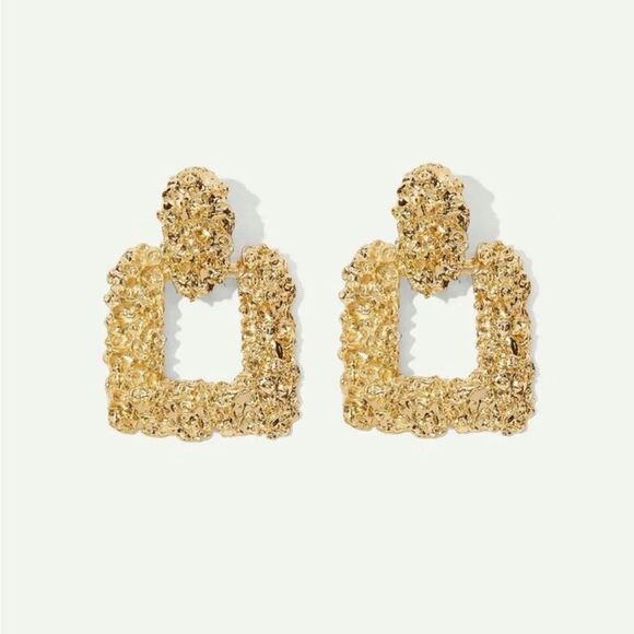 Gold Textured Square Drop Earrings - Picture 2 of 3